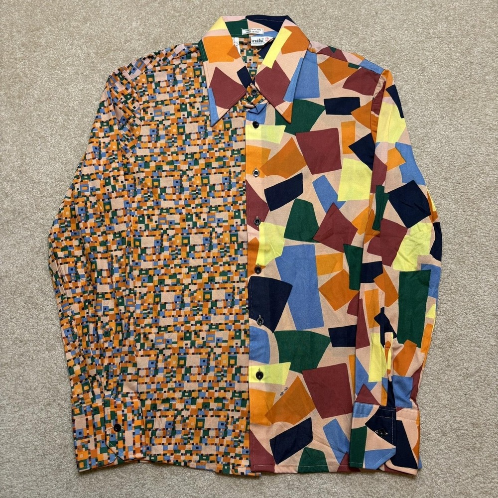 Vtg 70s‎ Nik Nik Disco Shirt Large Multicolor Nylon Abstract Geometric LS Italy